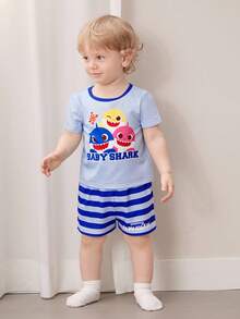 BABY SHARK X SHEIN Baby Boy Comfortable Cute Cartoon Shark Print Short Sleeve T-Shirt And Shorts Pajama Set, Summer - Blue - View 4