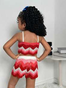 2pcs/Set Young Girl's Fashionable Casual Beach Vacation Summer Crochet Contrast Color Halter Top And Shorts Set, Unique Crochet Outfit - Red - View 2