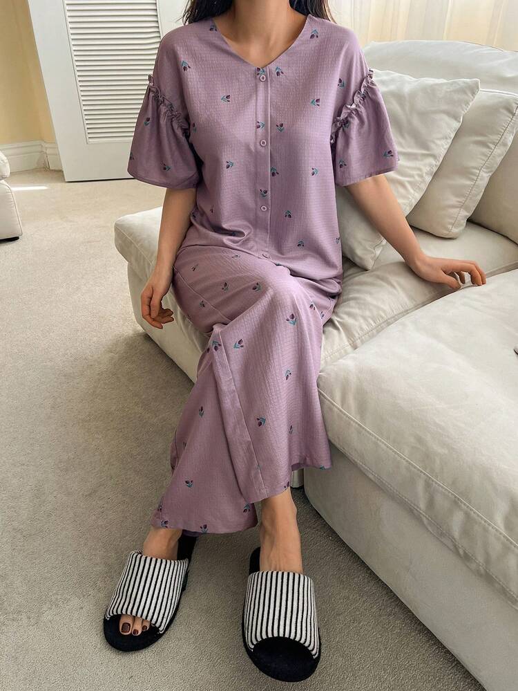 2pcs Sweet Ditsy Floral Loose Short Sleeve Top And Straight Long Pants Pajama Set For Women, Summer