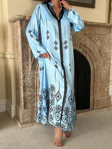 DAZY Geometric Pattern Allover Print Satin & Lace Patchwork Loose Robe For Women Pajamas - Blue - View 5