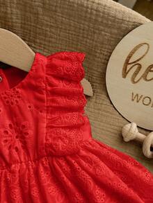 Newborn Baby Girl Cute Vacation Casual White Embroidered Floral Ruffle Romper - Red - View 5
