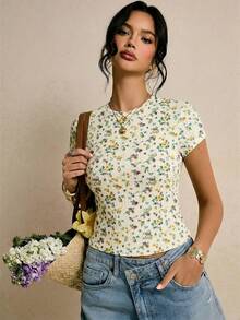 Poéselle 女士休闲碎花修身T恤 - 黃色 - 查看 4