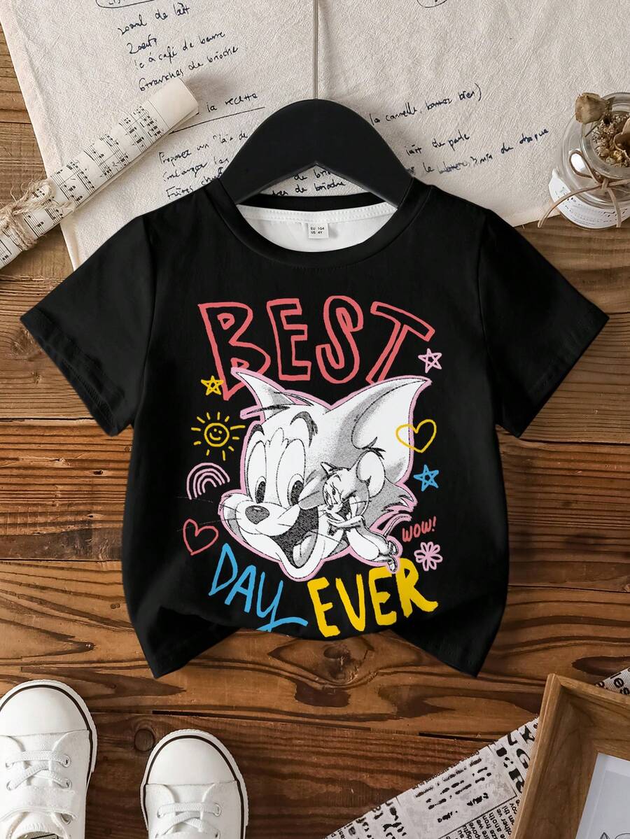 TOM & JERRY X SHEIN Áo thun in chữ hoạt hình phong cách thường ngày cho bé gái, thích hợp mặc mùa hè. - trắng - Xem 1