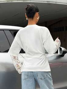 Muchica Áo thun nữ màu trắng dệt kim thiết kế eo phối ren tương phản, kiểu 2 trong 1. - trắng - Xem 2
