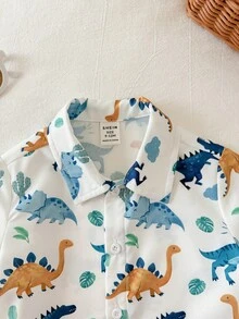 SHEIN 男婴可爱休闲夏季百搭卡通恐龙图案短袖衬衫，萌萌哒上衣，恐龙衬衫 - 彩色 - 查看 8