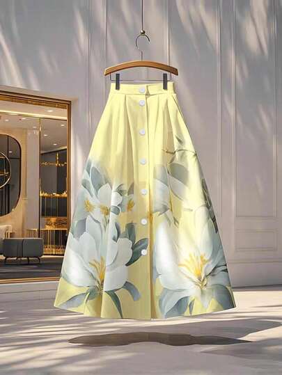 GlowEve CURVE Falda elegante de moda con cierre de un solo botón y estampado floral para mujer de talla grande, primavera/verano