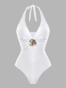 Swim Oasis Damen Frühling/Sommer 2026 Neuer weißer strukturierter Stoff Metall Blumen Dekor Träger Rückenfreier schlankmachender Einteiler Badeanzug & Mesh Rock Hochwertiges 2-teiliges Set - Weiss - Übersicht 12