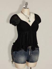 SHEIN ICON Áo nữ cỡ lớn phối lưới, cổ tim, tay ngắn, kiểu dáng thanh lịch. - màu đen - Xem 9