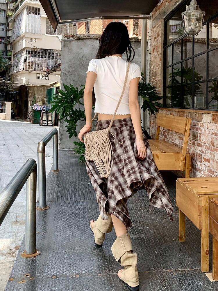 Women's Solid Color Casual Short Sleeve T-Shirt And Plaid Casual Skirt 2-Piece Set Summer
