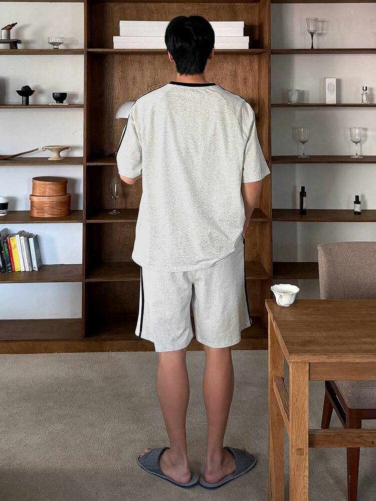 Light Grey & Black Short Sleeve Matching Shorts Men's Pajama Set, Summer