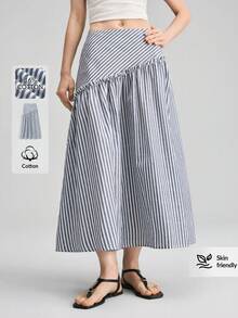 Ontre 女士蓝白褶皱A字裙，舒适柔软的梭织面料，宽松版型，现代都市时尚，商务休闲办公装，低调优雅，高品质机场/邮轮出行，婚礼宾客着装，百搭轻盈，尽显奢华质感，四季皆宜，浪漫约会，休闲系列设计 - 藍白色 - 查看 6