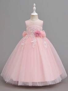 Glamorique Kids Đầm bé gái dự tiệc họa tiết hoa, đầm công chúa không tay bằng ren và lưới cho bé gái dự tiệc sinh nhật. - Hồng - Xem 1