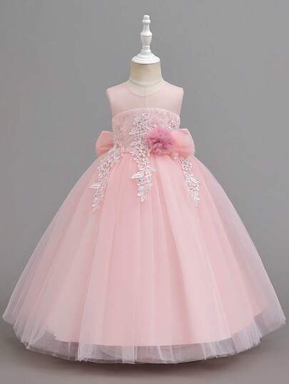 Glamorique Kids Girls' Floral Flower Girl Dress, Sweet Floral Decor Girls' Party Dress, Sleeveless Lace Mesh Princess Dress For Birthday Party