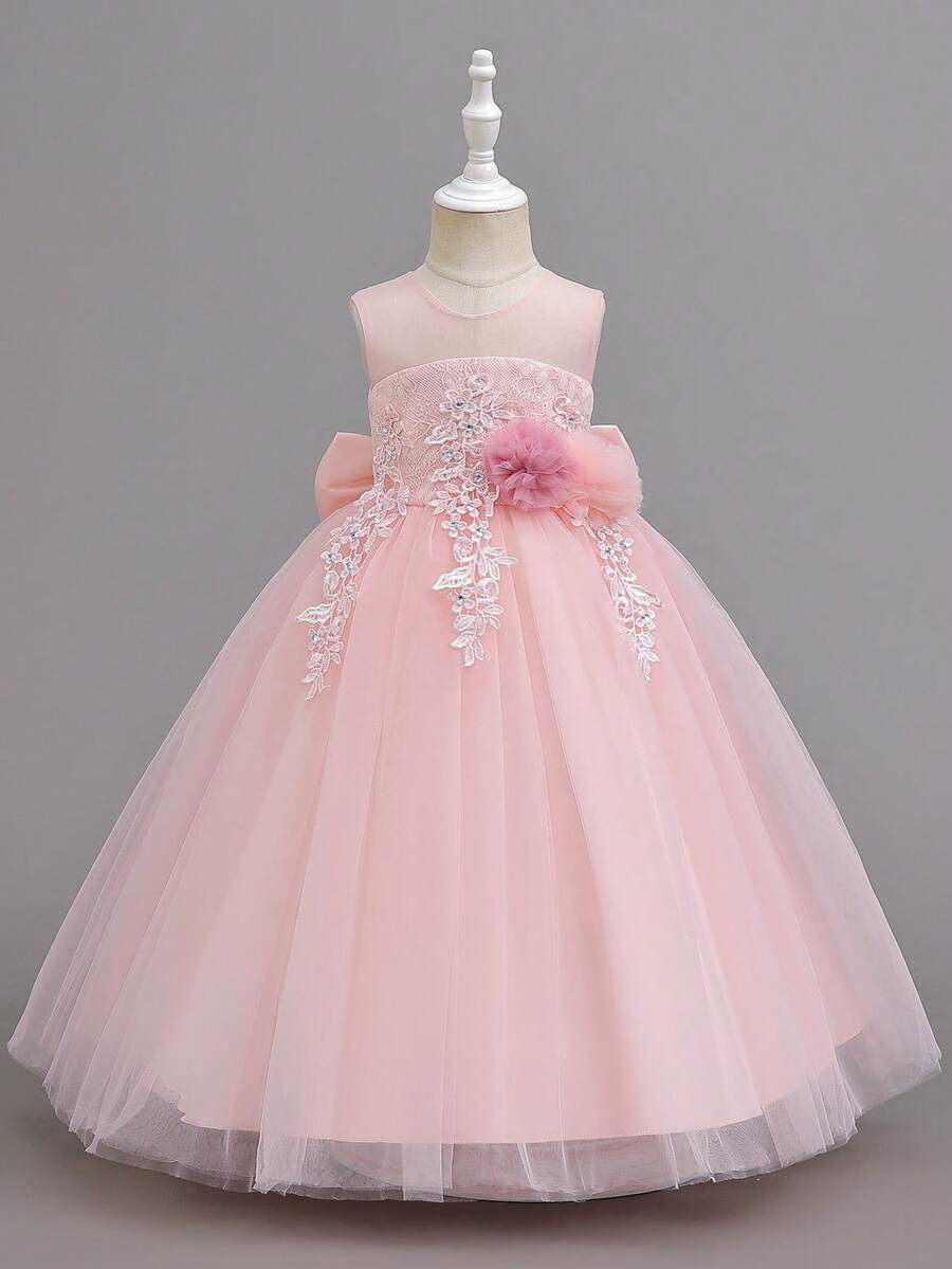 Glamorique Kids Đầm bé gái dự tiệc họa tiết hoa, đầm công chúa không tay bằng ren và lưới cho bé gái dự tiệc sinh nhật. - Hồng - Xem 1