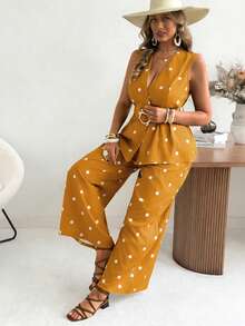 Ceyna Conjunto de chaleco de lunares clásico retro y pantalones de pierna ancha para mujer talla grande, conjunto de atuendos de vacaciones de verano - Amarillo - Ver 5