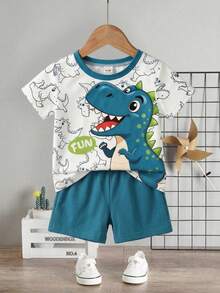 SHEIN Playful Pals 新生兒男嬰 2 件套 藍白條紋 夏季休閒可愛沙灘套裝 嬰兒幼兒 6M-3T 柔軟 T 恤與短褲衣裝套組 - 彩色 - 查看 3