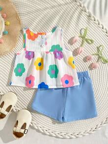 SHEIN Playful Pals 女婴白色纯色提花无袖褶皱露脐上衣，饰以彩色波点印花，搭配粉色松紧腰短裤，舒适优雅的法式乡村风春夏度假装扮 - 藍色 - 查看 2