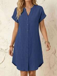 EMERY ROSE Women V-Neck Blue Jacquard Button Decor Short Dress, Suitable For Spring/Summer - Blue - View 4