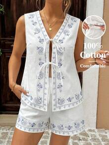 SHEIN Conjunto de 2 piezas de maternidad con cuello en V sin mangas y lazo, estilo vintage, suelto y versátil para el verano - Blanco - Ver 3