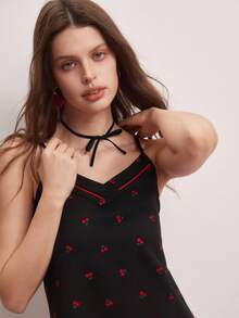 樱桃印花吊带背心和裤子女士夏季睡衣睡衣套装 - 黑色 - 查看 6