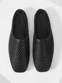 Mnmlis 女士精致镂空平底鞋，时尚舒适方头优雅平底鞋 - 黑色 - 查看 1