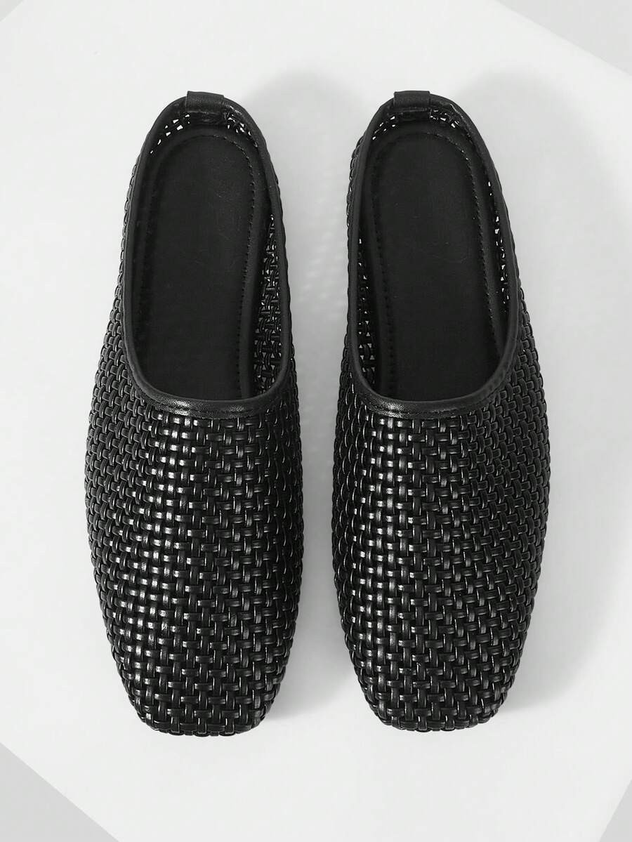 Mnmlis 女士精致镂空平底鞋，时尚舒适方头优雅平底鞋 - 黑色 - 查看 1