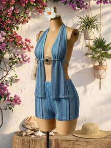 Celisse Bộ đồ 2 món phong cách Bohemian dành cho nữ, áo hai dây kẻ sọc và quần short, thích hợp cho kỳ nghỉ biển. - Màu xanh lam - Xem 4