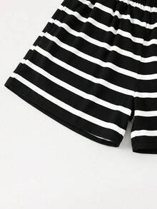 SHEIN 2pcs/Set Tween Girls' Round Neck Short Sleeve Striped Ruffle Sleeve T-Shirt And Striped Shorts - Black and White - View 7