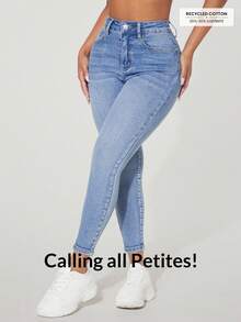 SHEIN PETITE Quần jeans nữ casual phong cách đường phố, quần jeans skinny có túi, quần jeans cạp cao ôm sát, quần jeans định hình vòng eo. - Màu xanh lam - Xem 5