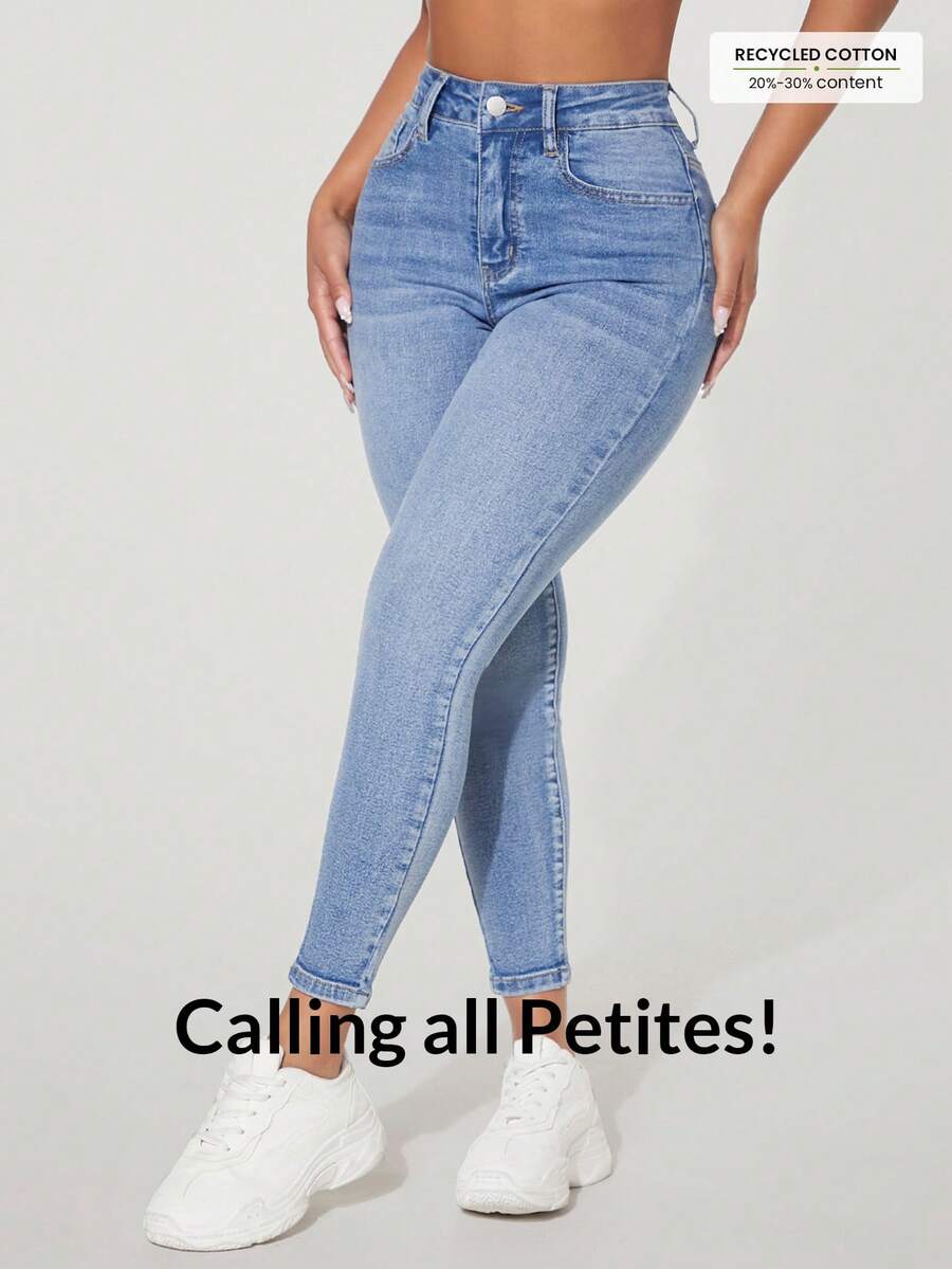SHEIN PETITE 女款休閒街頭風口袋緊身牛仔褲 高腰修身顯身材收腹牛仔褲 小個女款 - 藍色 - 查看 1