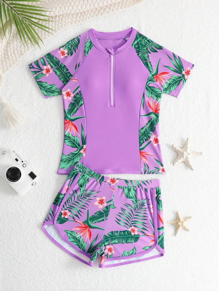 SHEIN 少女比基尼泳装,紫色热带印花针织面料无袖露脐上衣和短裤两件套,可爱学院风,适合度假、海滩、泳池、夏季假日派对。女童泳装套装,带袖热带印花泳衣防晒衣套装。 - 淡紫色 - 查看 1