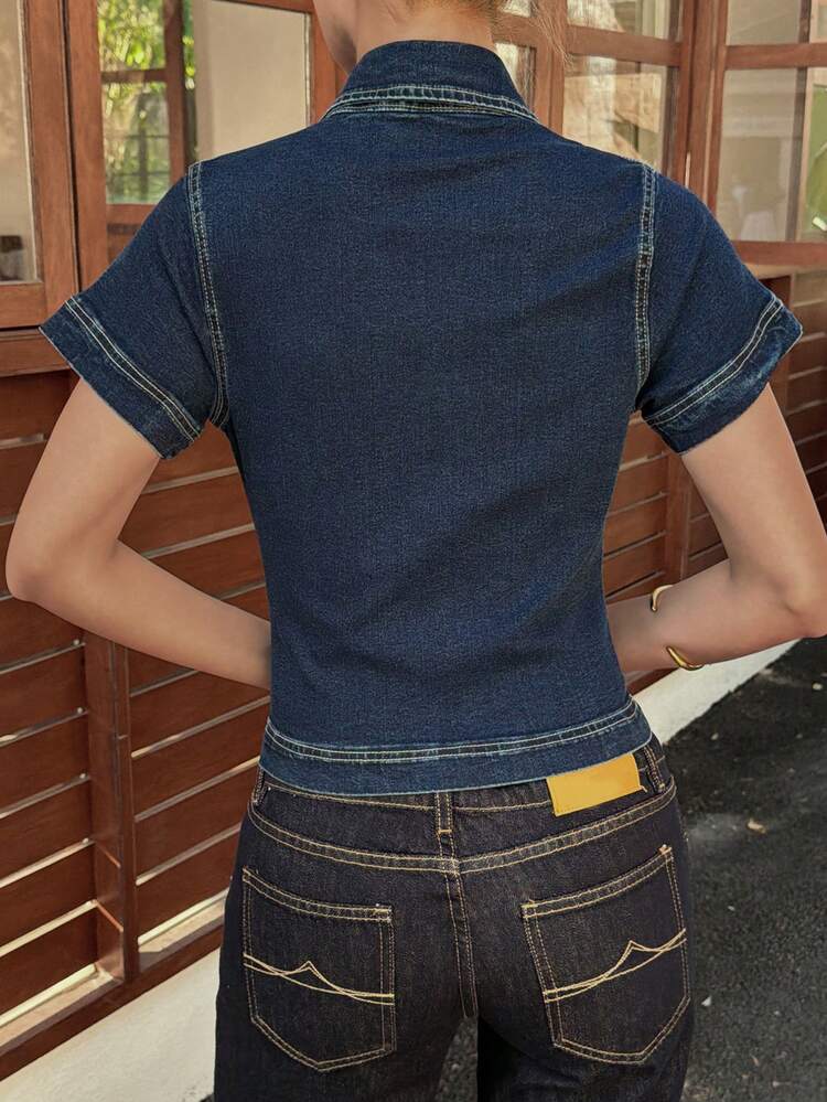 Women's Collared Waist Fitted V-Neck Denim Blouse Summer