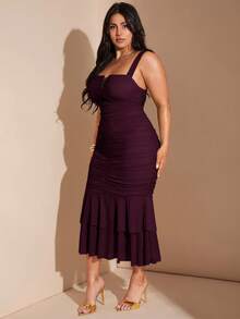 SHEIN BAE Plus Size Women's V-Neck Ruched Ruffle Hem Midi Bodycon Dress, Vacation Party Dress - Maroon - View 2