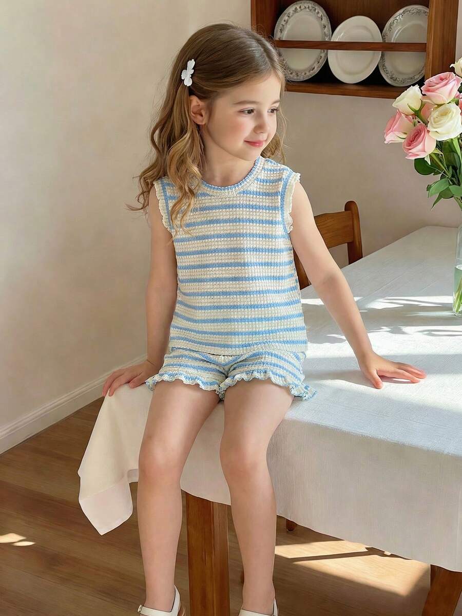 SHEIN Vintaside Kids 两件套女童条纹提花针织宽松背心短裤套装，适合日常休闲、度假、海滩、周末运动、夏季派对等场合穿着