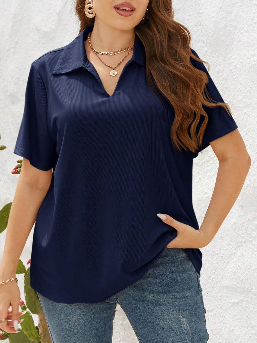 SHEIN Essnce Áo thun ngắn tay màu trơn dáng rộng, cỡ lớn, thích hợp mặc mùa hè. - Màu xanh hải quân - Xem 1