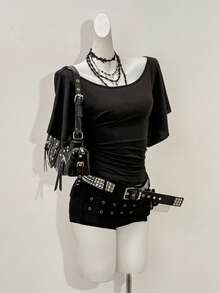Jeanoix Women's Sexy Y2K Punk Dark Style Tight Fit T-Shirt - Black - View 3