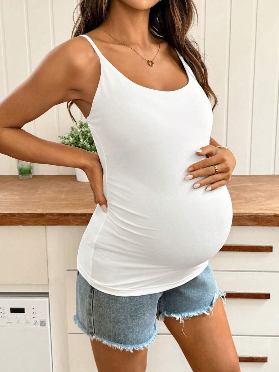 SHEIN 孕妇夏季纯色百搭修身吊带背心 - 白色 - 查看 1