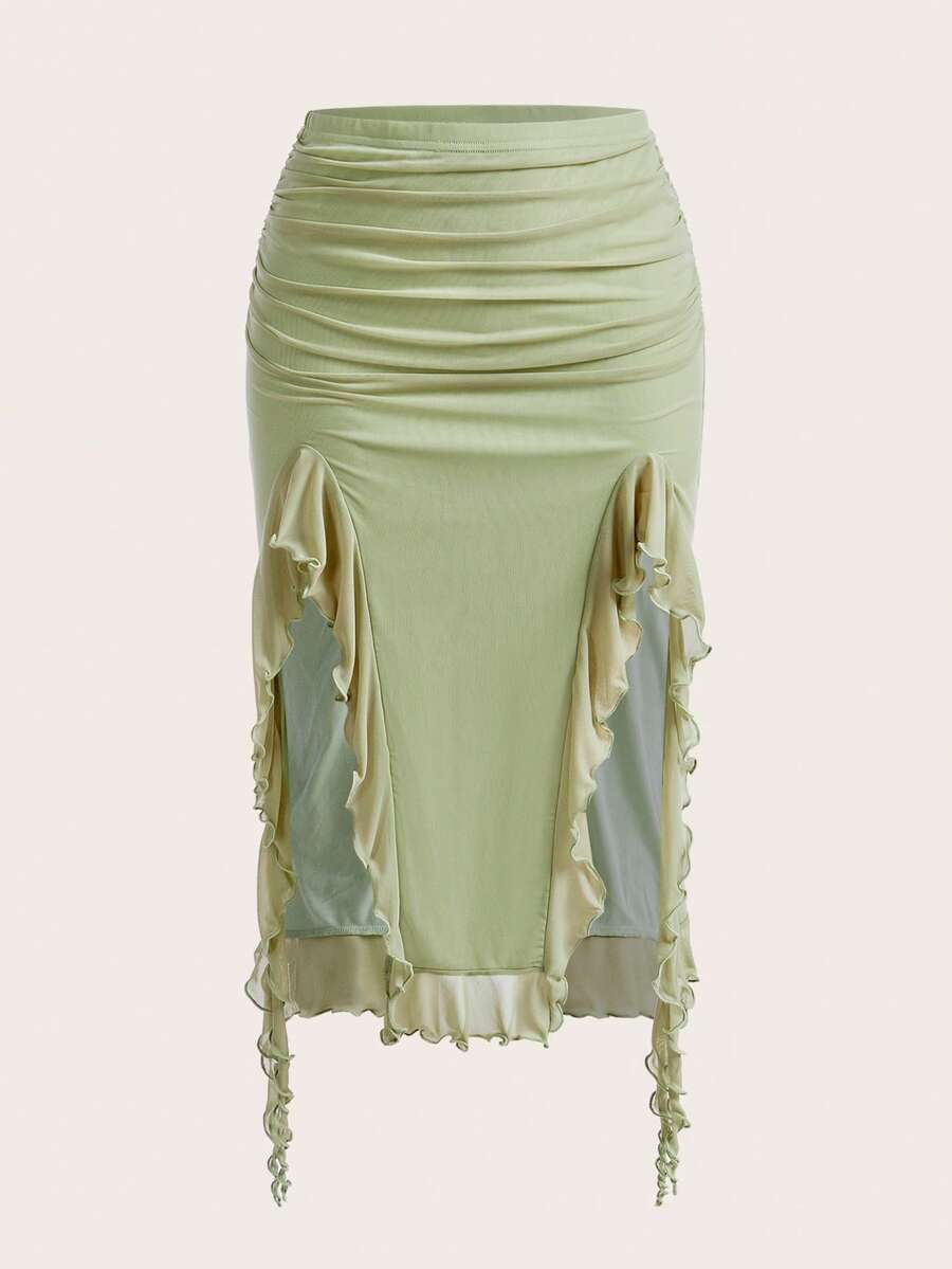 SHEIN ICON Women's Ruffle Hem Slit Design Casual Versatile Date Night Skirt - Mint Green - View 1