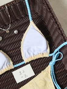 Swim Mod Bộ bikini hai mảnh màu vàng dành cho nữ, chất liệu đặc biệt, kiểu cổ yếm, dây mảnh, cúp ngực tam giác, thích hợp cho kỳ nghỉ biển hoặc tiệc tùng. - Màu vàng - Xem 5