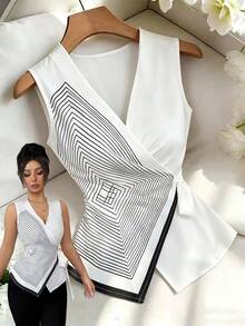Elenzga Áo kiểu nữ không tay cổ chữ V họa tiết sọc đen trắng hình học, thắt nơ, dáng suông, eo bất đối xứng, ôm sát, thanh lịch, thích hợp mặc đi làm hoặc dạo phố. - trắng - Xem 1