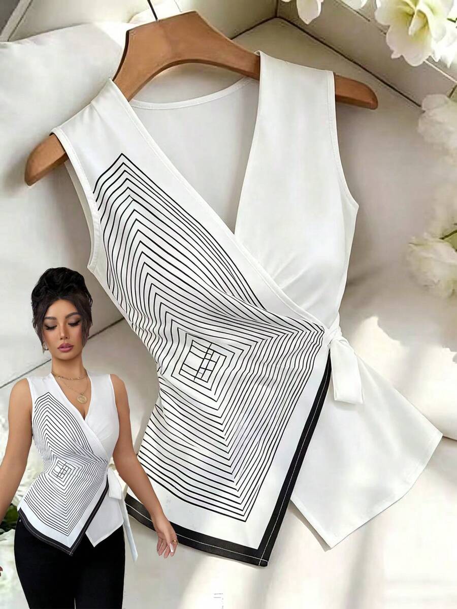 Elenzga Áo kiểu nữ không tay cổ chữ V họa tiết sọc đen trắng hình học, thắt nơ, dáng suông, eo bất đối xứng, ôm sát, thanh lịch, thích hợp mặc đi làm hoặc dạo phố. - trắng - Xem 1