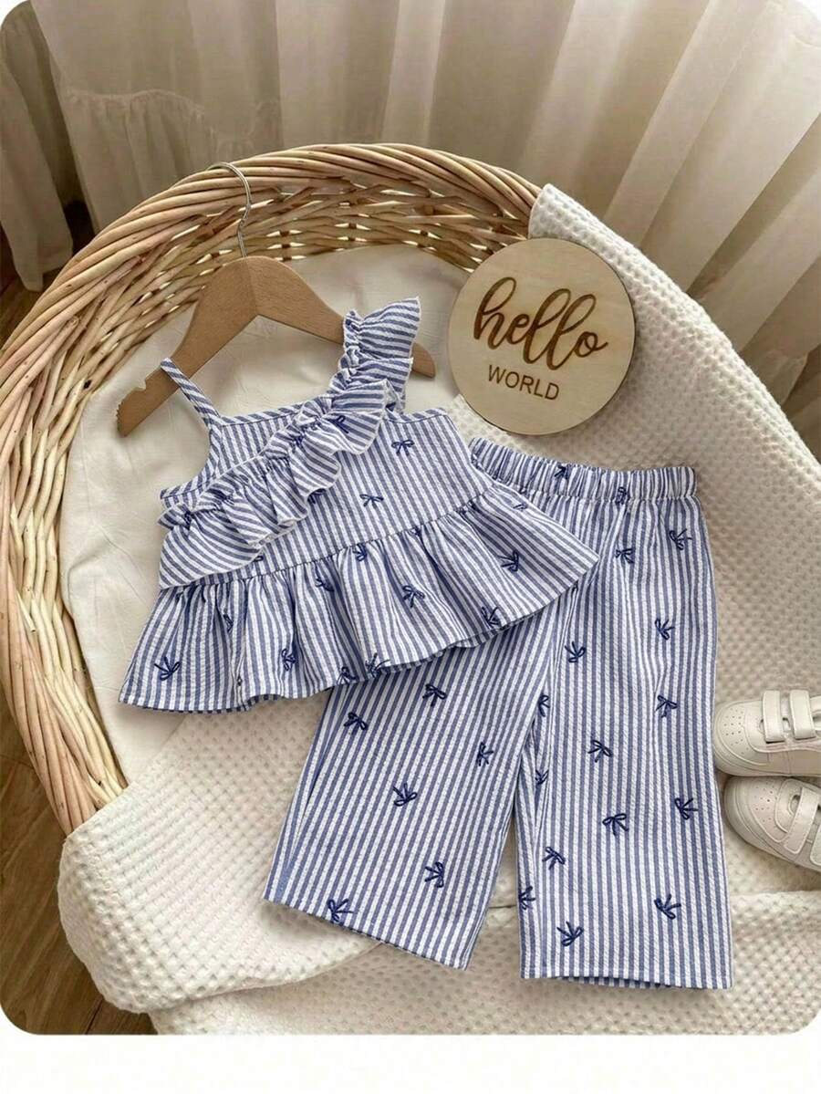 SHEIN 2pcs Baby Girl Woven Striped Ruffle Trim Camisole Top And Long Pants Set - Blue - View 1
