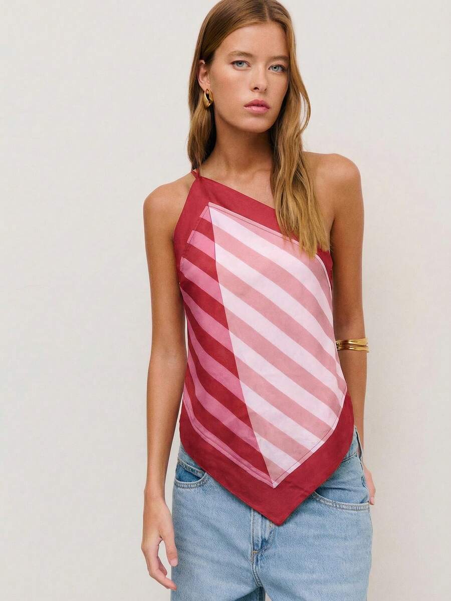 Nöista Striped Halter Top With Adjustable Silver Straps And A Back Tie With Bow Closure For A Customizable Fit. Spring, Summer, Woman. - Pink - View 1