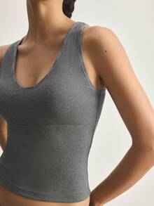 Ocili 1pc Women's Comfortable Minimalist Letter Decor V-Neck Dark Grey Undershirt - Dark Grey - View 4