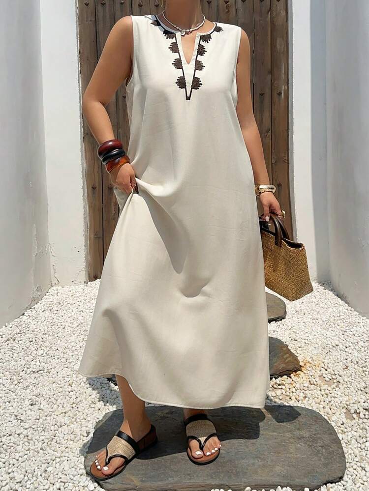 Dazy Plus Embroidered Sleeveless V-Neck Plus Size Women's Maxi Dress, Vacation Vibe, Spring/Summer