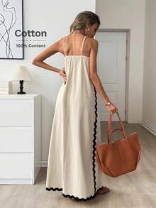 Easowa Đầm slip 100% cotton phối màu tương phản, dáng chữ A dài đến mắt cá chân, không tay, kiểu dáng thoải mái, thanh lịch, thích hợp cho nữ đi làm, đi nghỉ mát, mùa xuân/hè. - Màu be - Xem 6