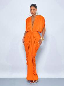 女士优雅柔粉色深V领褶皱修身连衣裙，优雅派对晚宴长裙，宴会完美之选 - 橘色 - 查看 4