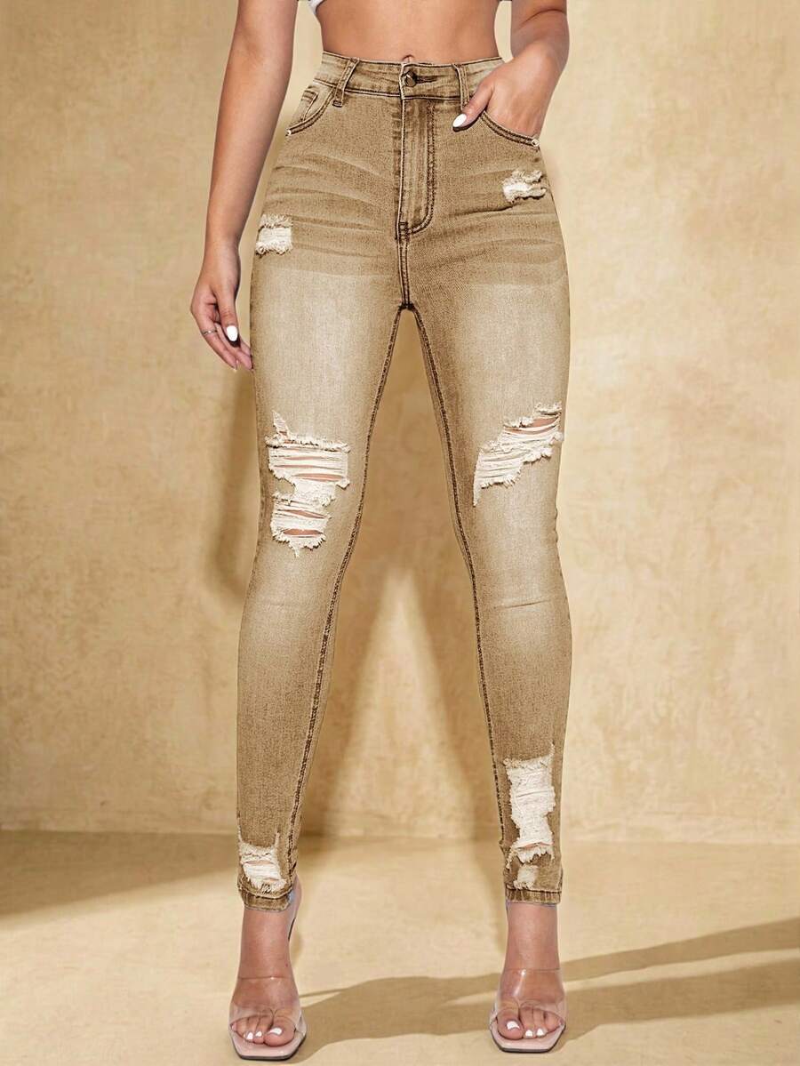 SHEIN Essnce Women's Front Button Pocket Distressed Simple Casual Denim Jeans - Khaki - View 1