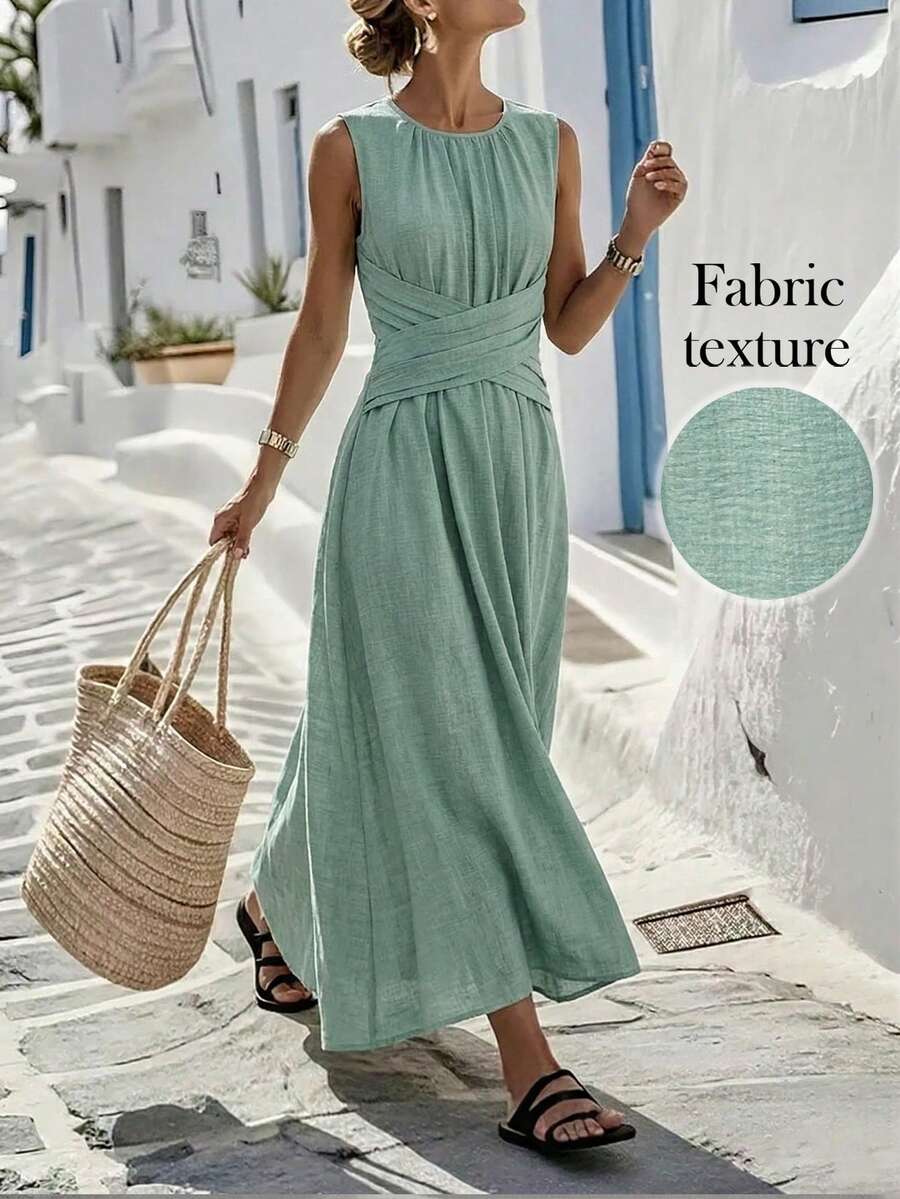 Louniche Đầm nữ màu xanh ô liu không tay, kiểu dáng giản dị, thiết kế thắt eo chéo, phong cách tối giản toát lên vẻ thanh lịch, phù hợp cho mặc hàng ngày, tiệc trà chiều, các buổi gặp gỡ thân mật và những chuyến đi làm nhẹ nhàng. - Màu xanh Bạc hà - Xem 1