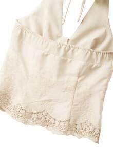 Franclia 女士优雅甜美法式红色露背系带蕾丝边下摆上衣，春夏款 - 杏色 - 查看 6